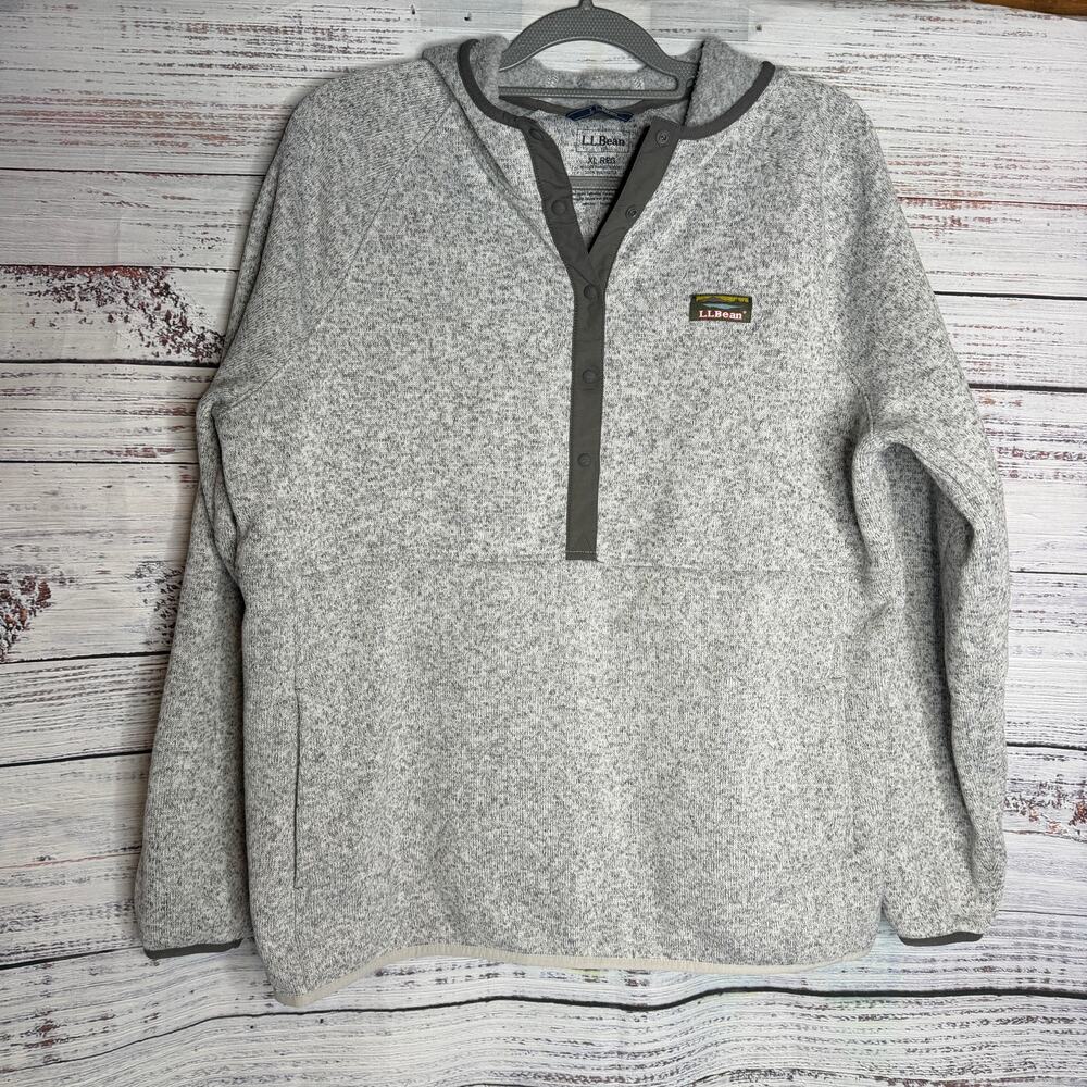 L.L.Bean Mens XL Sweater Fleece Hooded Pullover Gray Snap Front Outdoors